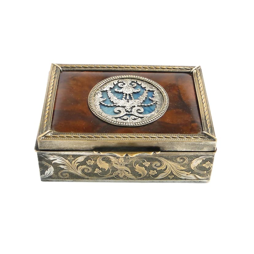 Pudełko na biżuterię neoklasycystyczne, brąz złoty, drewno mahoń, szylkret, Francja, XIX w.