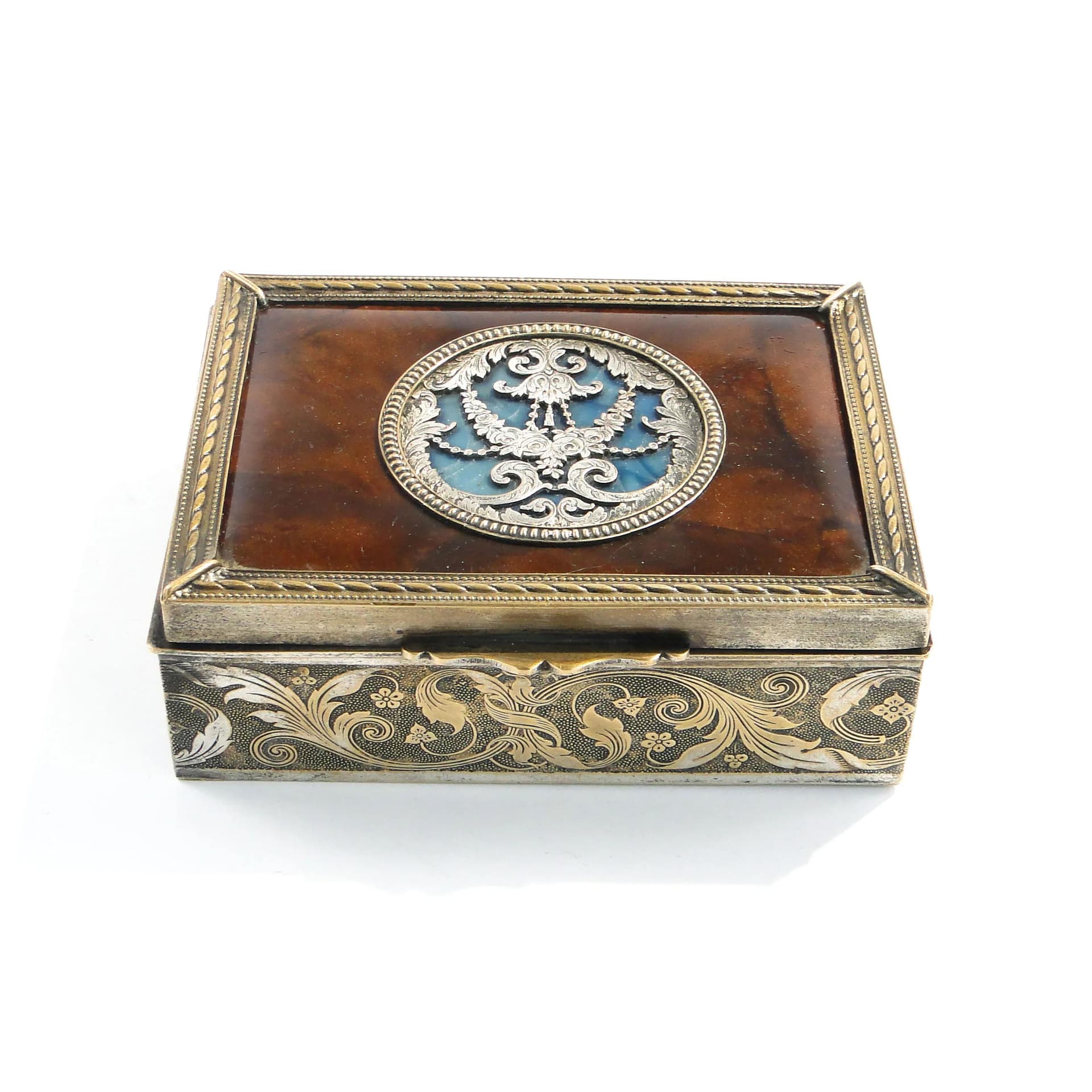 Pudełko na biżuterię neoklasycystyczne, brąz złoty, drewno mahoń, szylkret, Francja, XIX w. - 163155