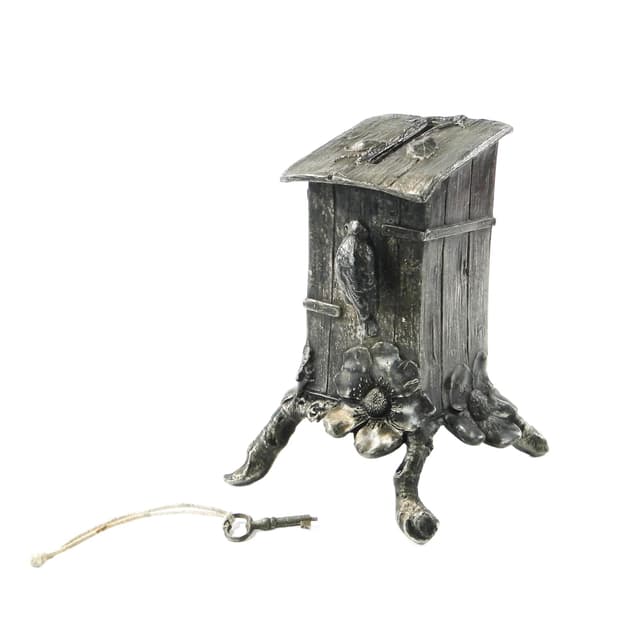 Skarbonka secesyjna, srebrzona cyna, WMF, Niemcy, początek XX w. - WYMIARY