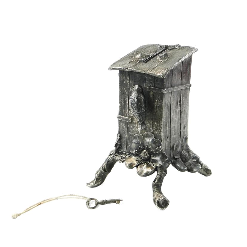 Skarbonka secesyjna, srebrzona cyna, WMF, Niemcy, początek XX w.