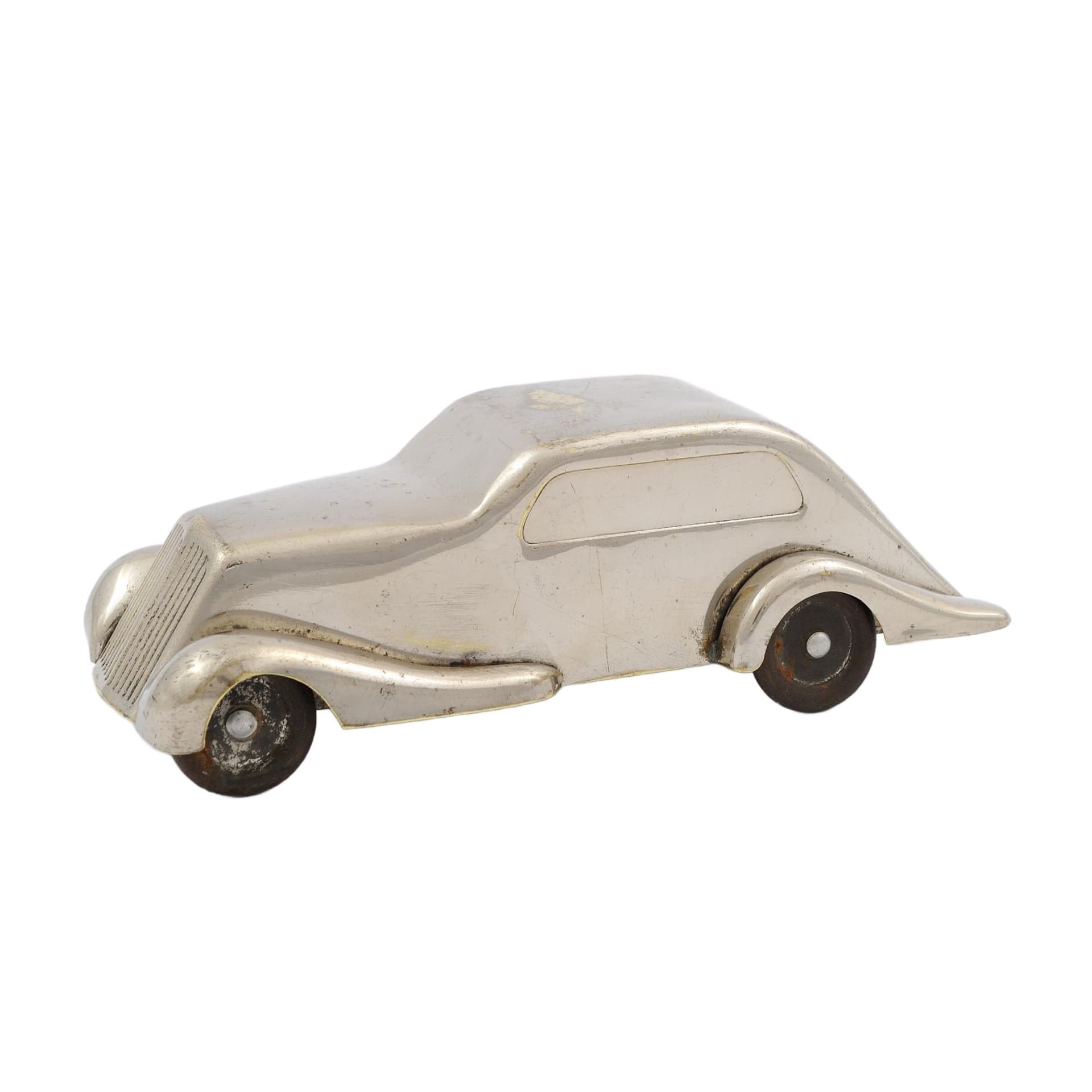 Skarbonka samochód, srebrny, mosiądz niklowany, stal, Kovoprace JTB, Czechosłowacja, lata 30.