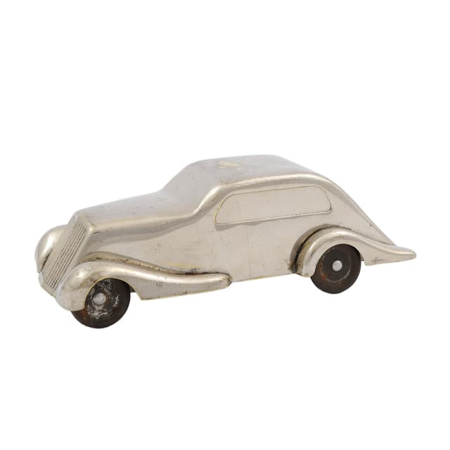 Skarbonka samochód, srebrny, mosiądz niklowany, stal, Kovoprace JTB, Czechosłowacja, lata 30. - WYMIARY