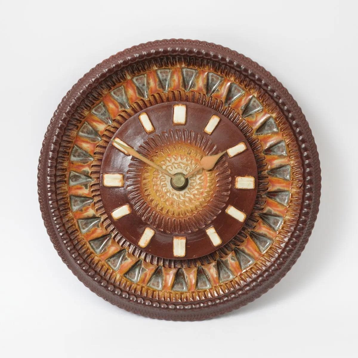 Wall clock, brown green orange, ceramic, Silberdistel Keramik, Germany, 1970s. - 162278