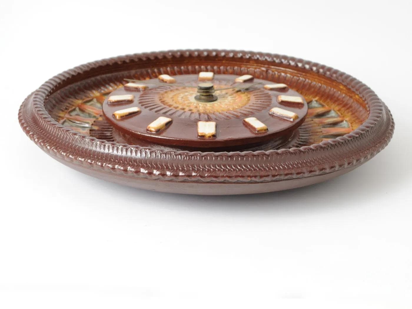 Wall clock, brown green orange, ceramic, Silberdistel Keramik, Germany, 1970s. - 162279