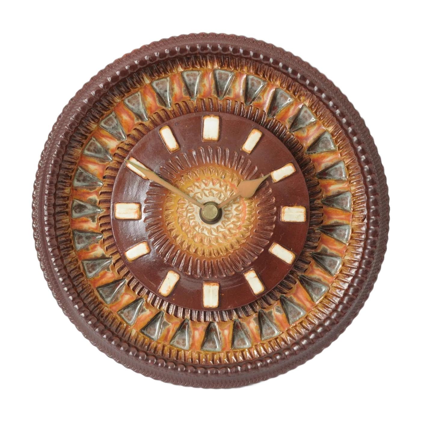 Wall clock, brown green orange, ceramic, Silberdistel Keramik, Germany, 1970s.