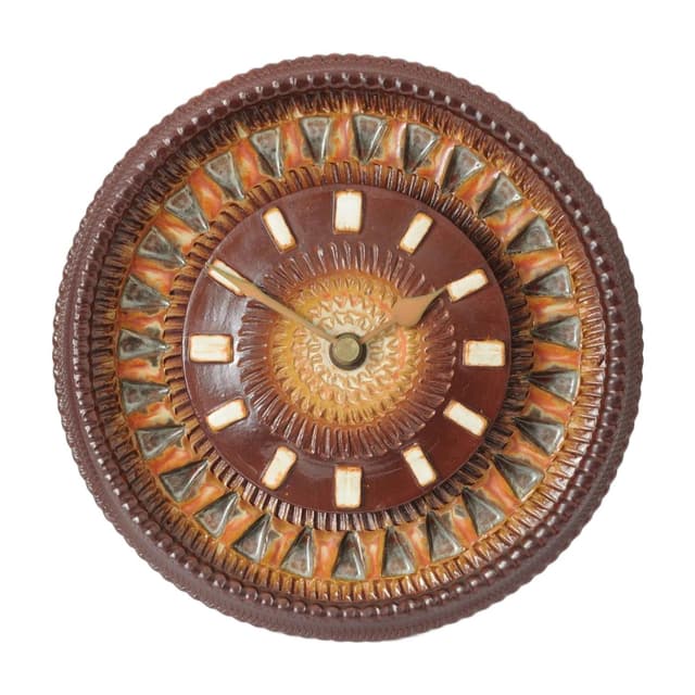 Wall clock, brown green orange, ceramic, Silberdistel Keramik, Germany, 1970s. - DIMENSION