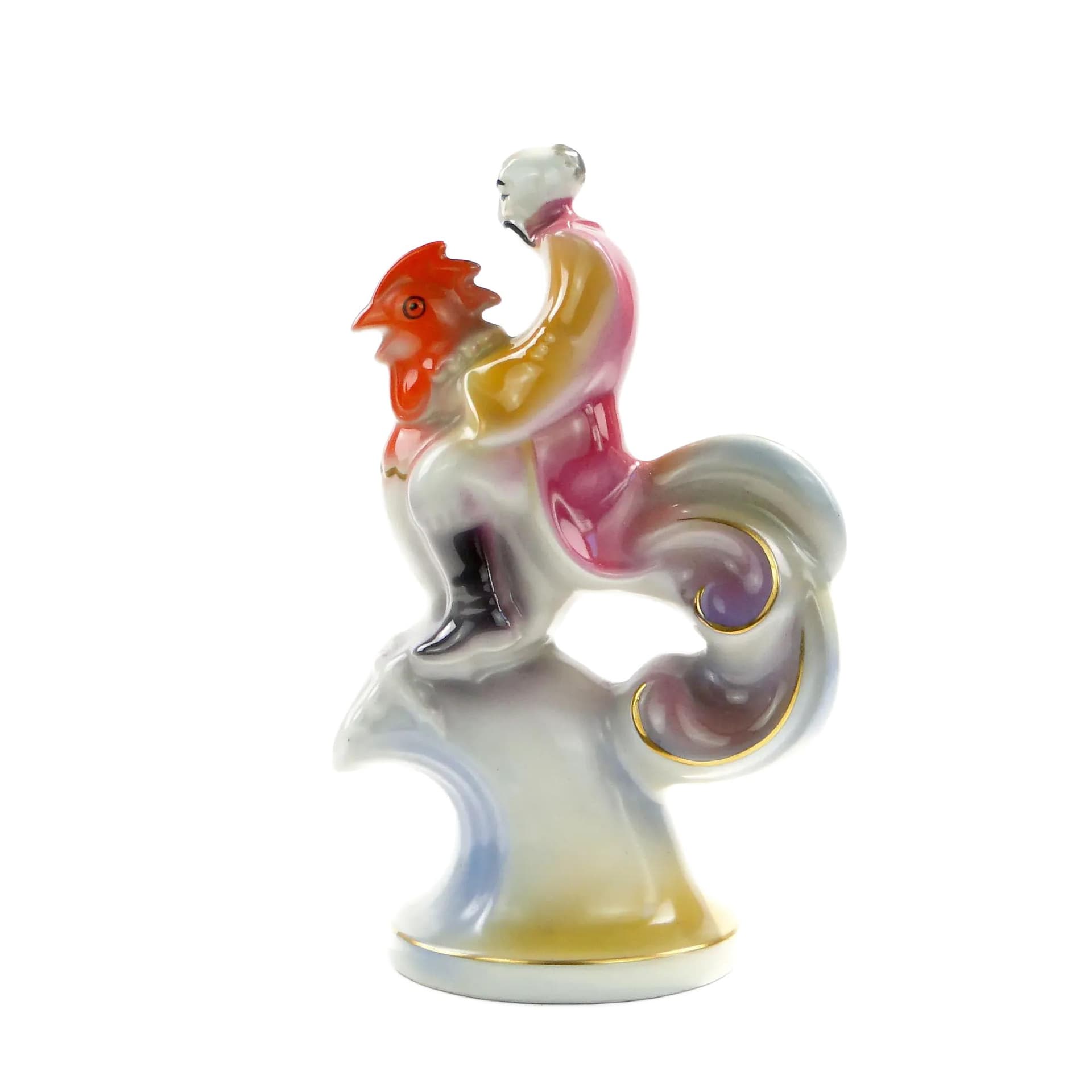 Figura Twardowski na kogucie, multikolor, porcelana, proj. T. Szafran, Ćmielów, Polska, lata 30.
