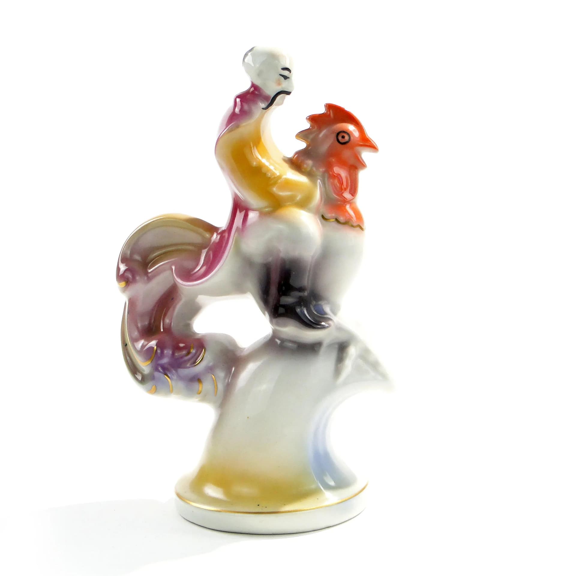 Figura Twardowski na kogucie, multikolor, porcelana, proj. T. Szafran, Ćmielów, Polska, lata 30. - 162818