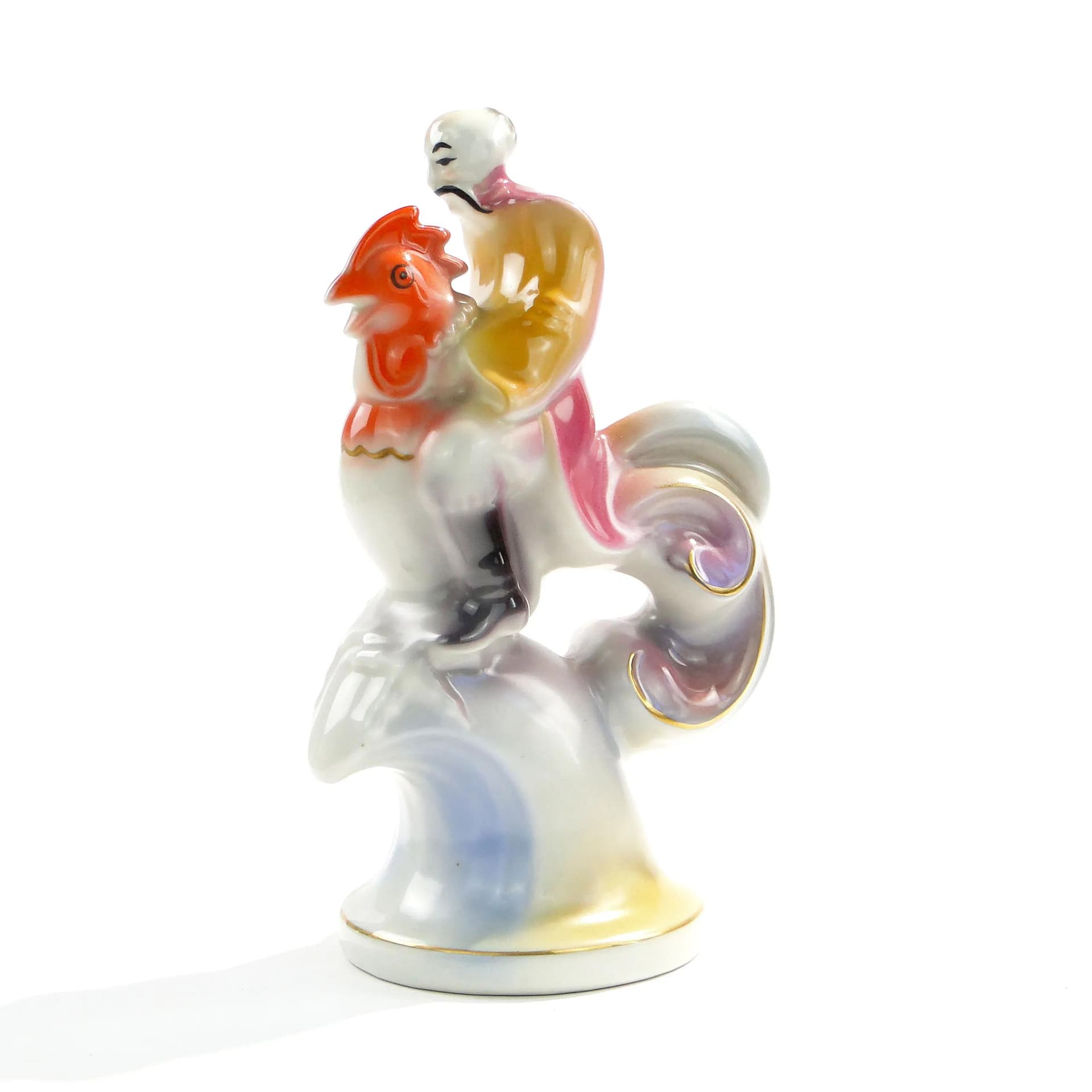 Figura Twardowski na kogucie, multikolor, porcelana, proj. T. Szafran, Ćmielów, Polska, lata 30. - 162814