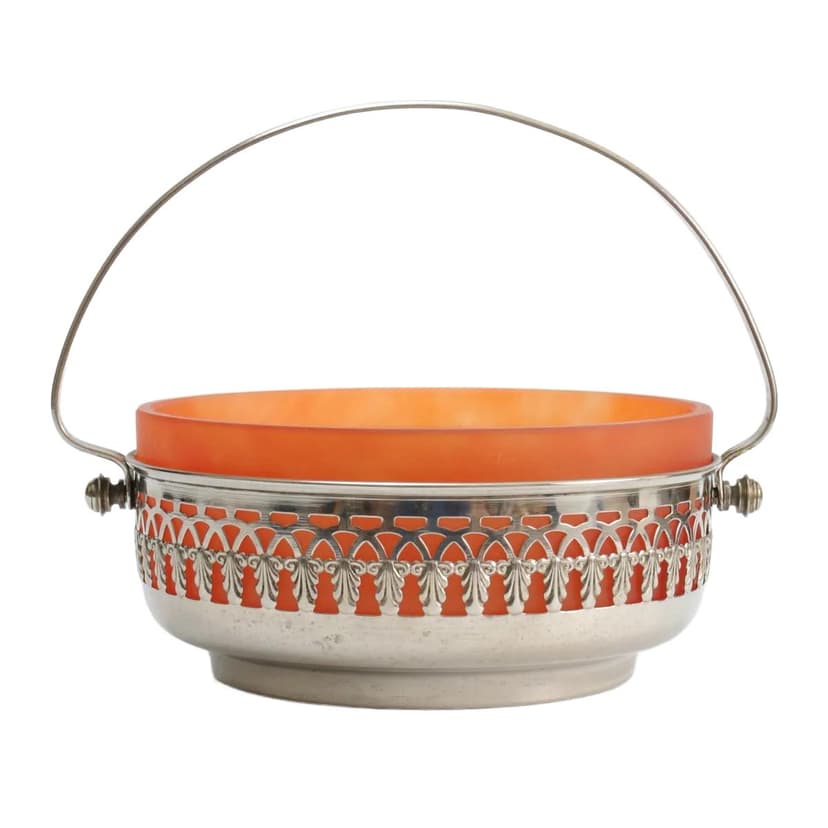 Sugar bowl, orange glass, nickel-plated brass, early 20th c.