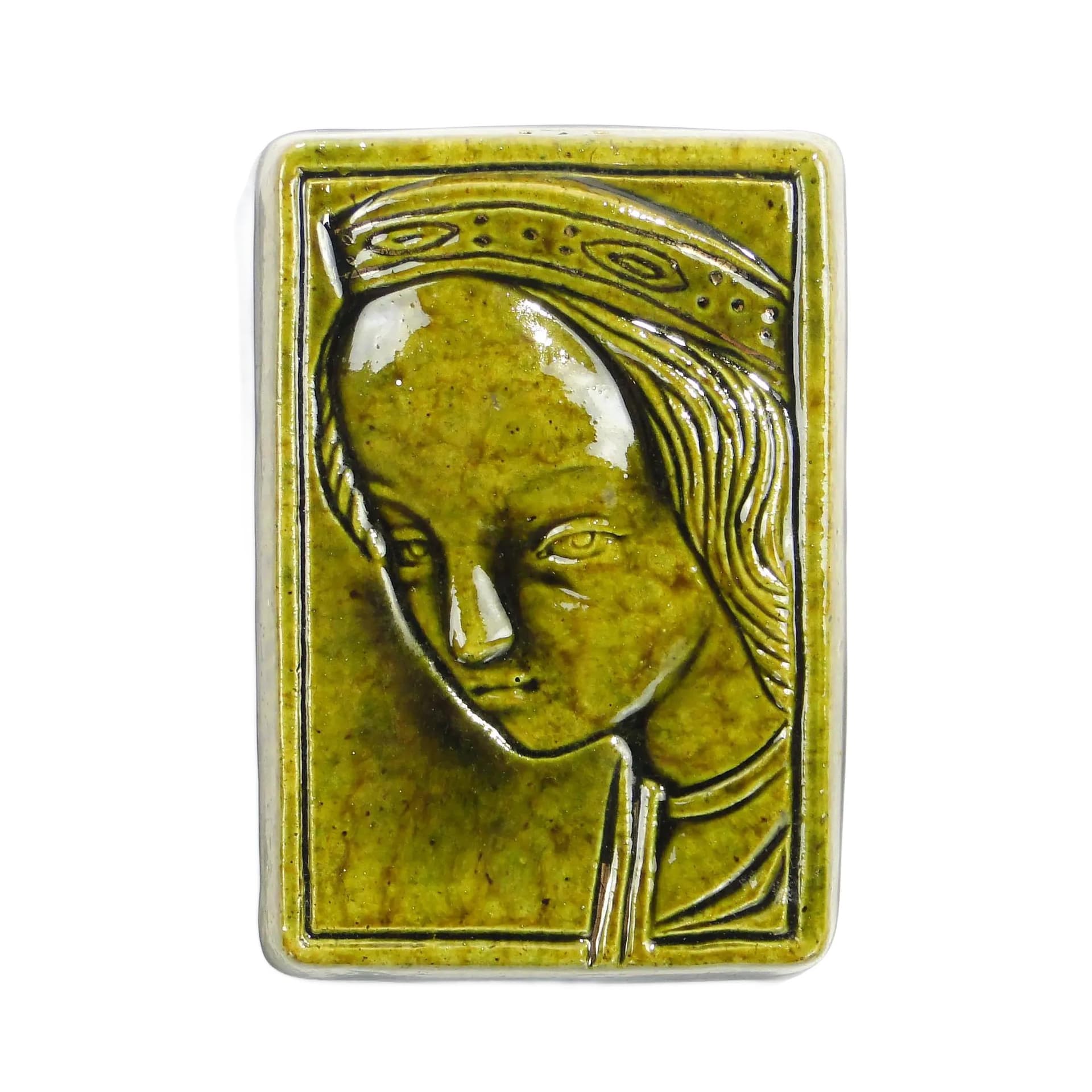 Decorative Plaque Wawel Heads, green ceramics, by L. Dutka, Poland, 1960s