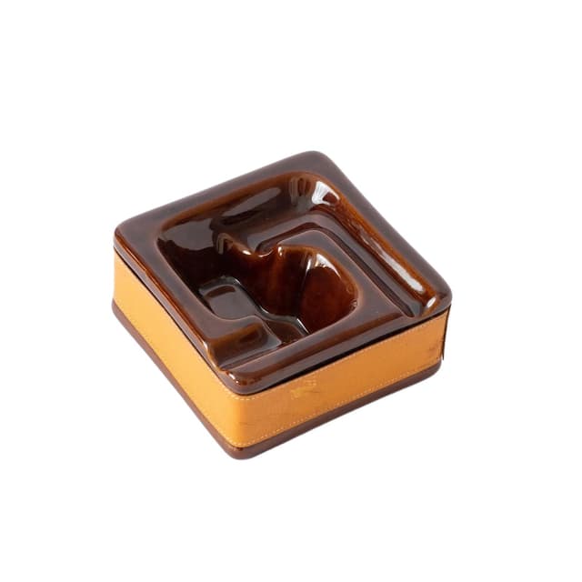 Pipe ashtray, brown, ceramic, leather, 1970s - DIMENSION