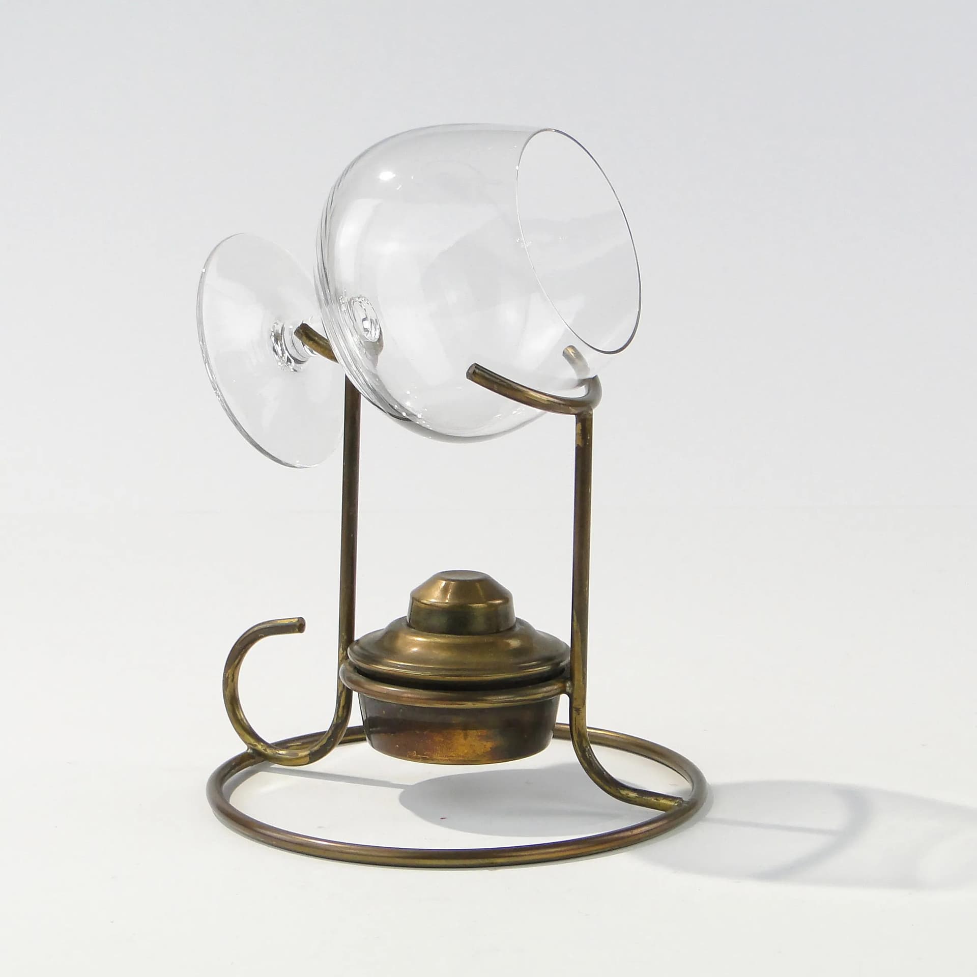 Podgrzewacz do brandy z kieliszkiem, mosiądz złoty, szkło przezroczyste, Anglia, lata 40. - 162723