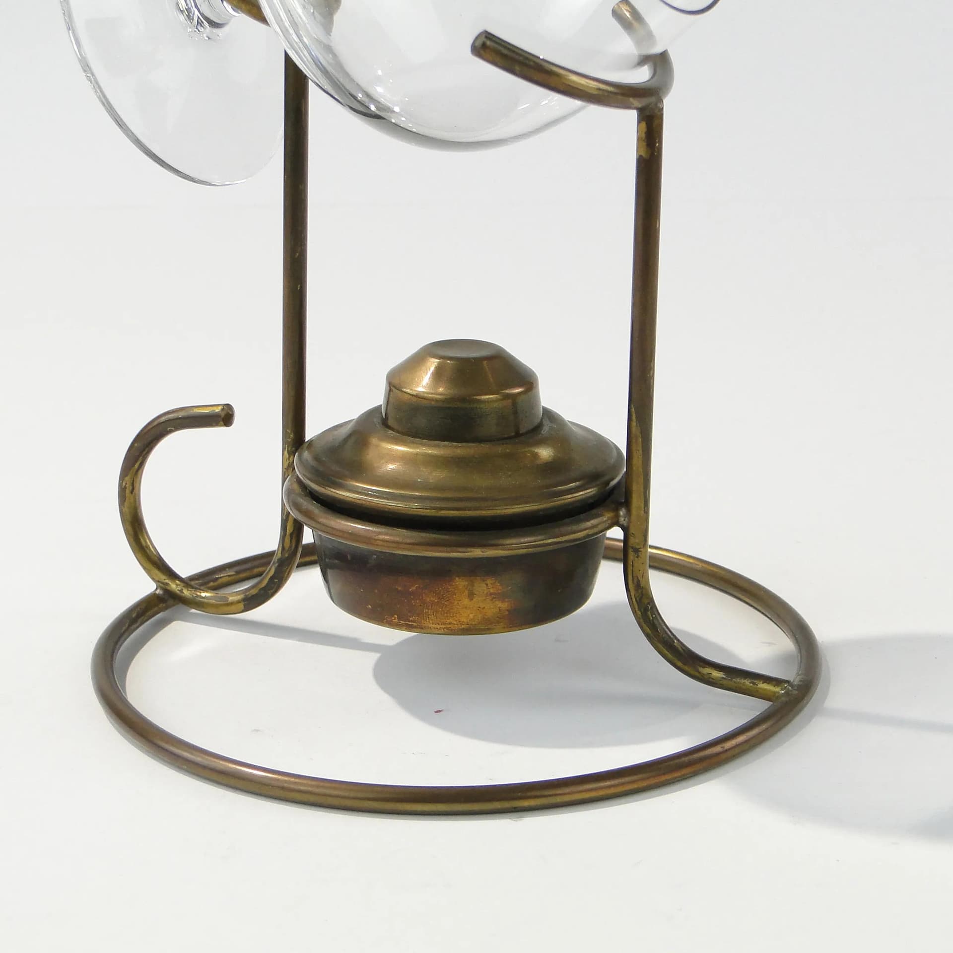 Podgrzewacz do brandy z kieliszkiem, mosiądz złoty, szkło przezroczyste, Anglia, lata 40. - 162724