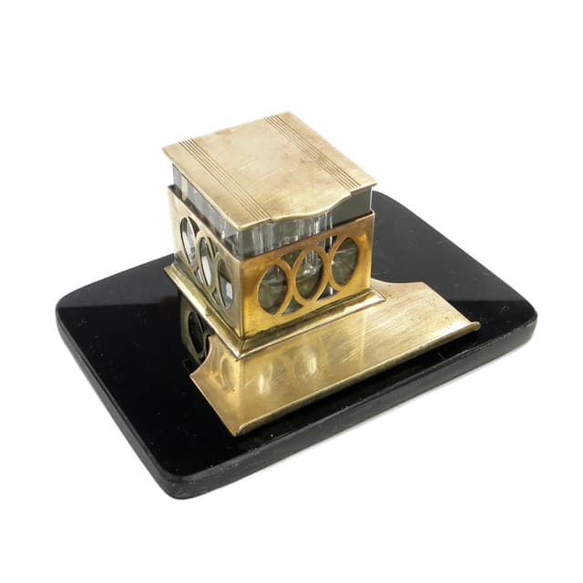 Kałamarz gabinetowy Art Deco, szkło czarne, Polska, lata 30. - WYMIARY