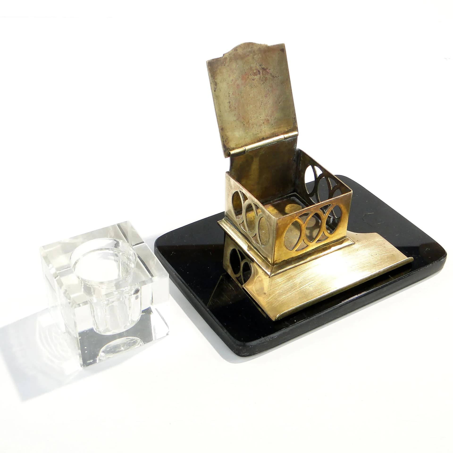 Kałamarz gabinetowy Art Deco, szkło czarne, Polska, lata 30. - 162719