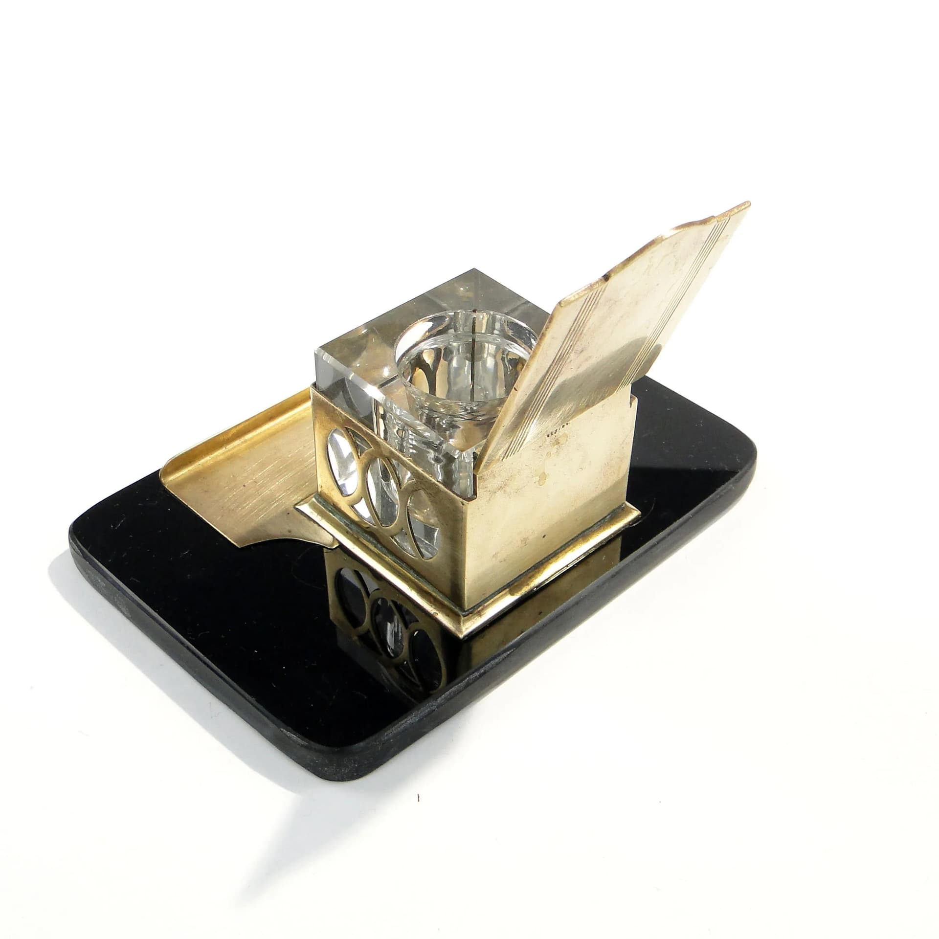 Kałamarz gabinetowy Art Deco, szkło czarne, Polska, lata 30. - 162717