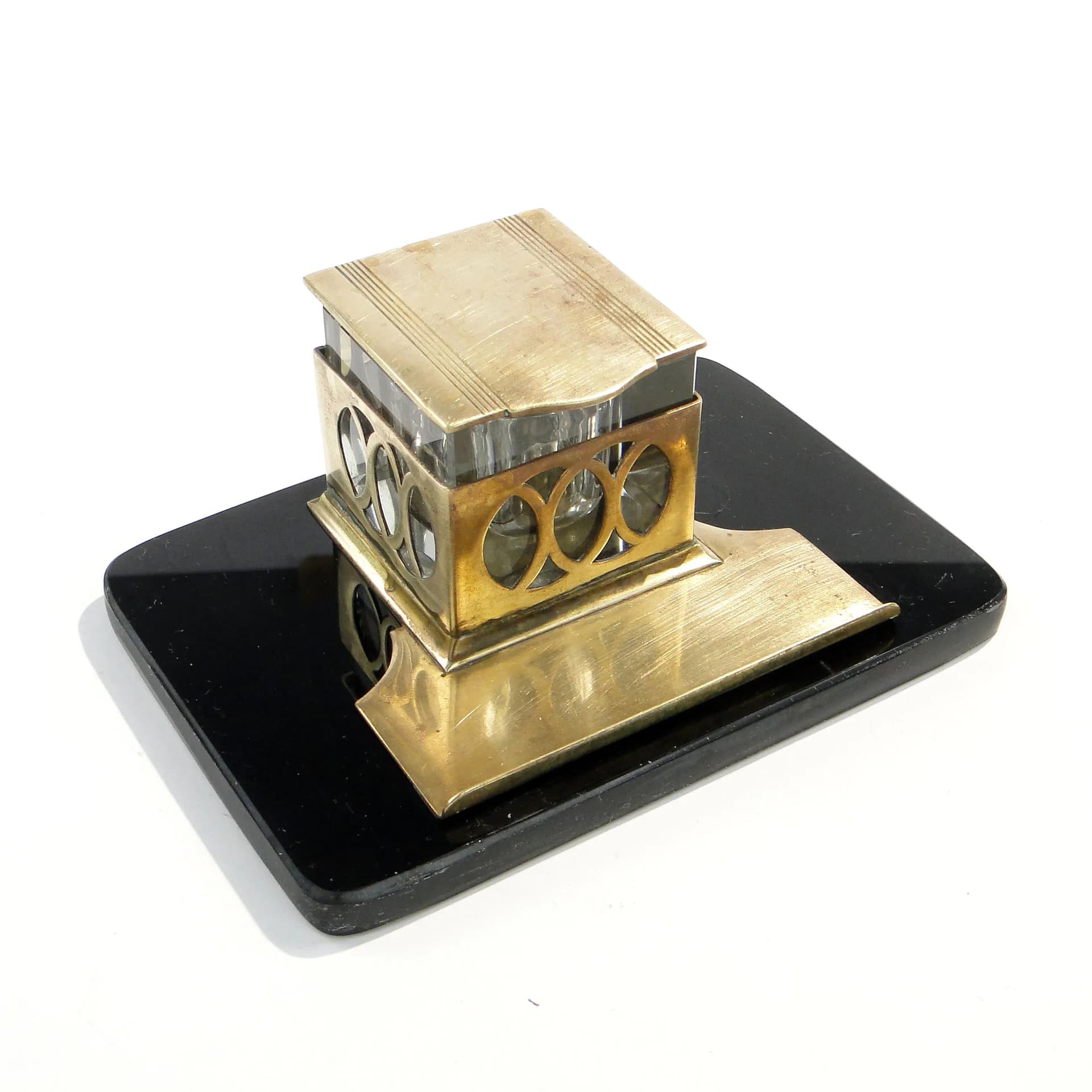 Kałamarz gabinetowy Art Deco, szkło czarne, Polska, lata 30. - 162713