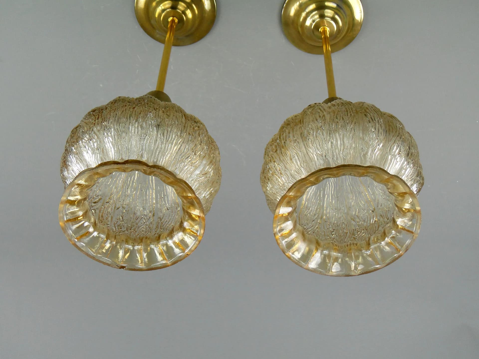 Pair of ceiling lamps, golden glass, brass, Poland, 1960s. - 162643