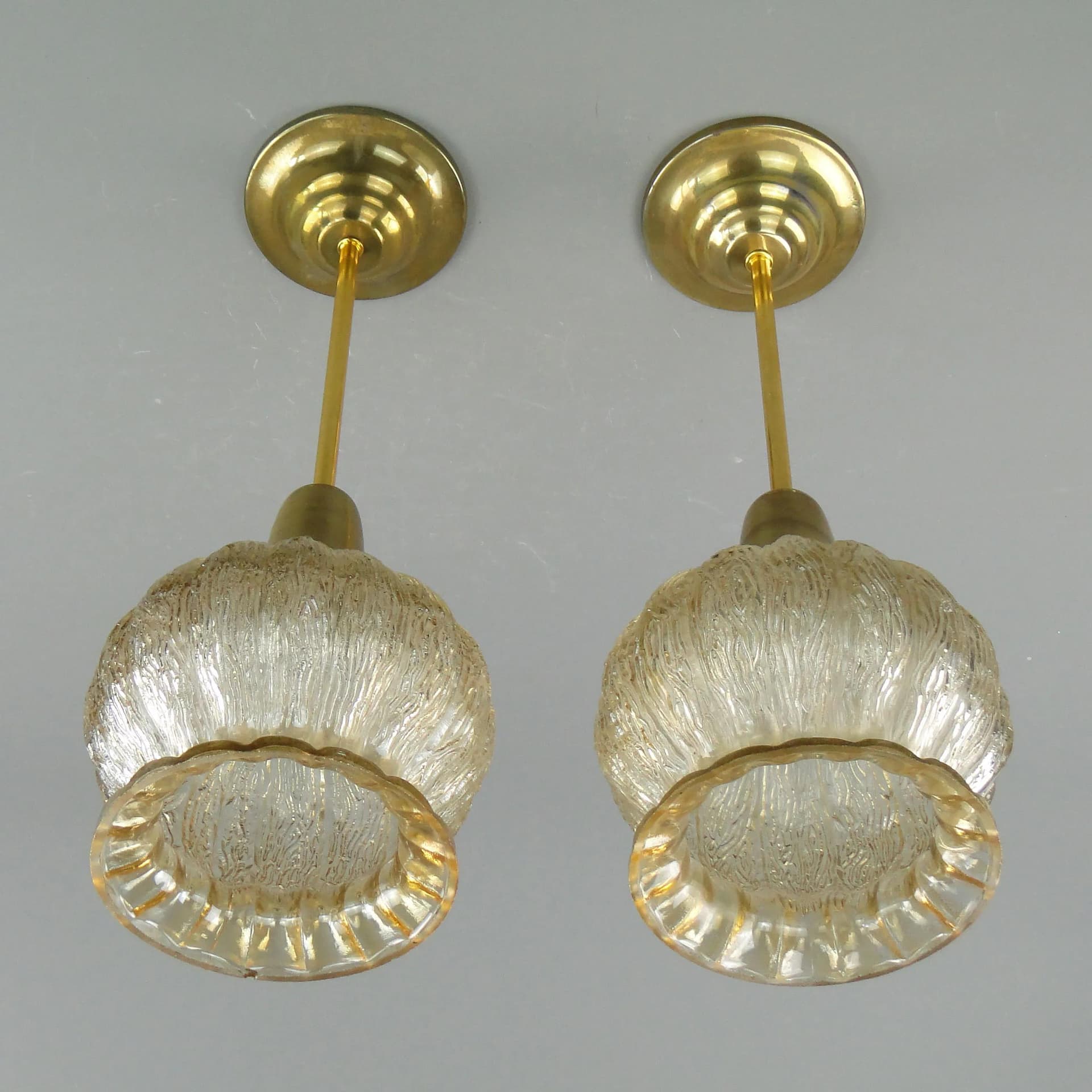 Pair of ceiling lamps, golden glass, brass, Poland, 1960s. - 162642