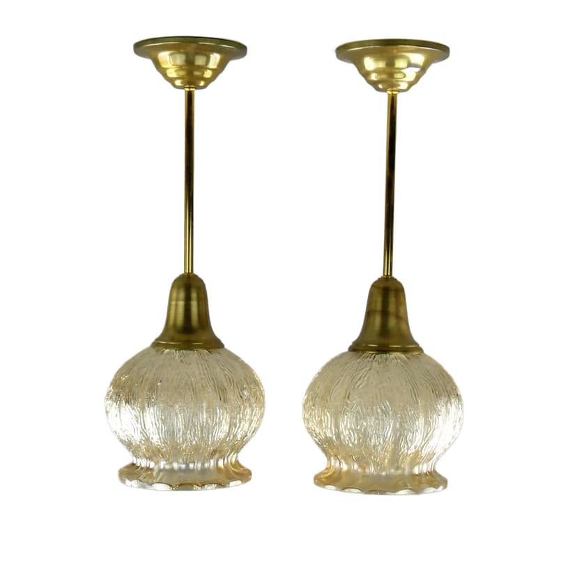 Pair of ceiling lamps, golden glass, brass, Poland, 1960s.