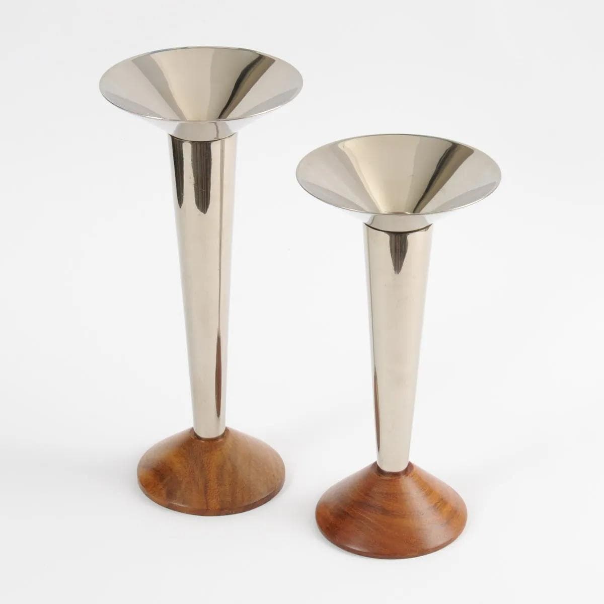 Pair of candlesticks, brown teak wood, silver nickel-plated brass, Germany, 1960s. - 162154