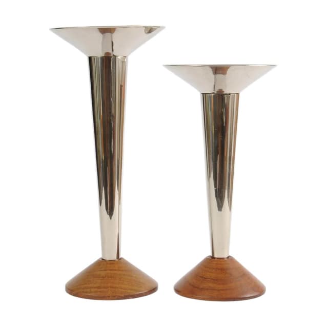 Pair of candlesticks, brown teak wood, silver nickel-plated brass, Germany, 1960s. - DIMENSION