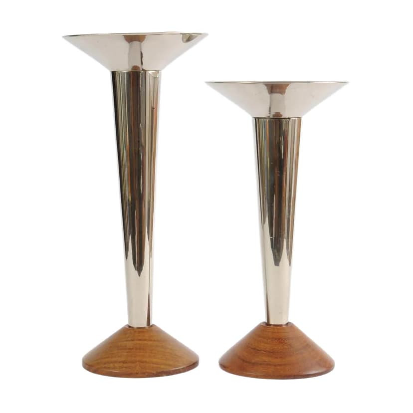 Pair of candlesticks, brown teak wood, silver nickel-plated brass, Germany, 1960s.