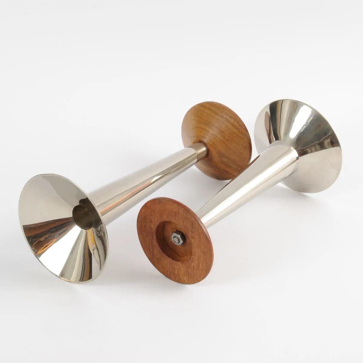 Pair of candlesticks, brown teak wood, silver nickel-plated brass, Germany, 1960s. - 162153