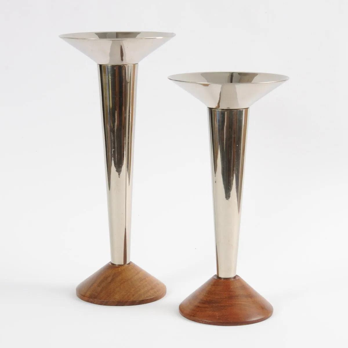 Pair of candlesticks, brown teak wood, silver nickel-plated brass, Germany, 1960s. - 162152