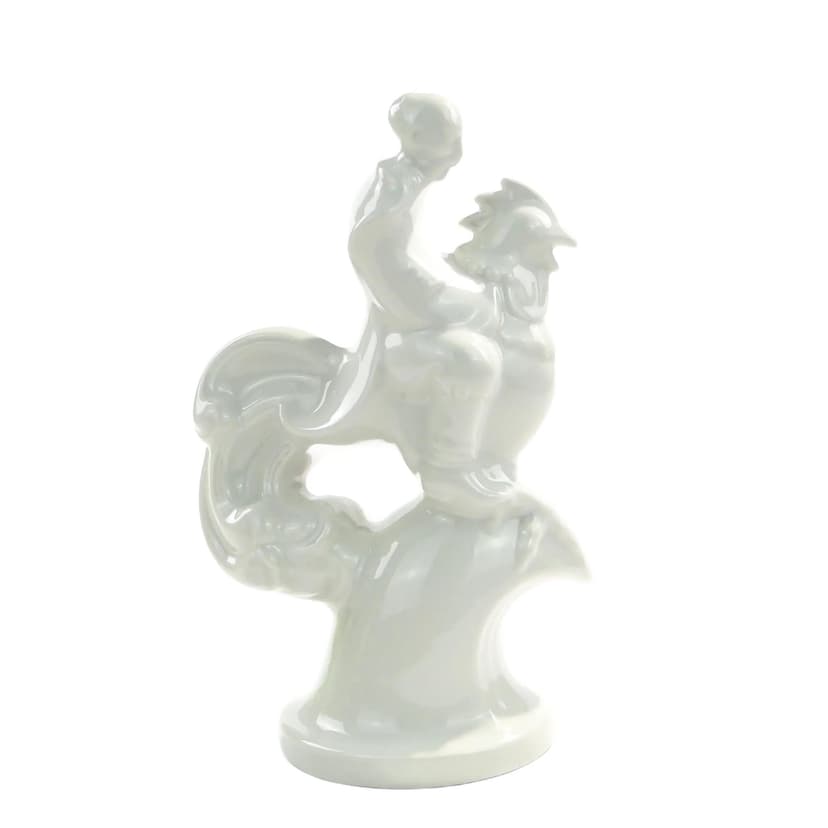 Figurka Twardowski na kogucie, porcelana biała, proj. T. Szafran, Ćmielów, Polska, lata 30.