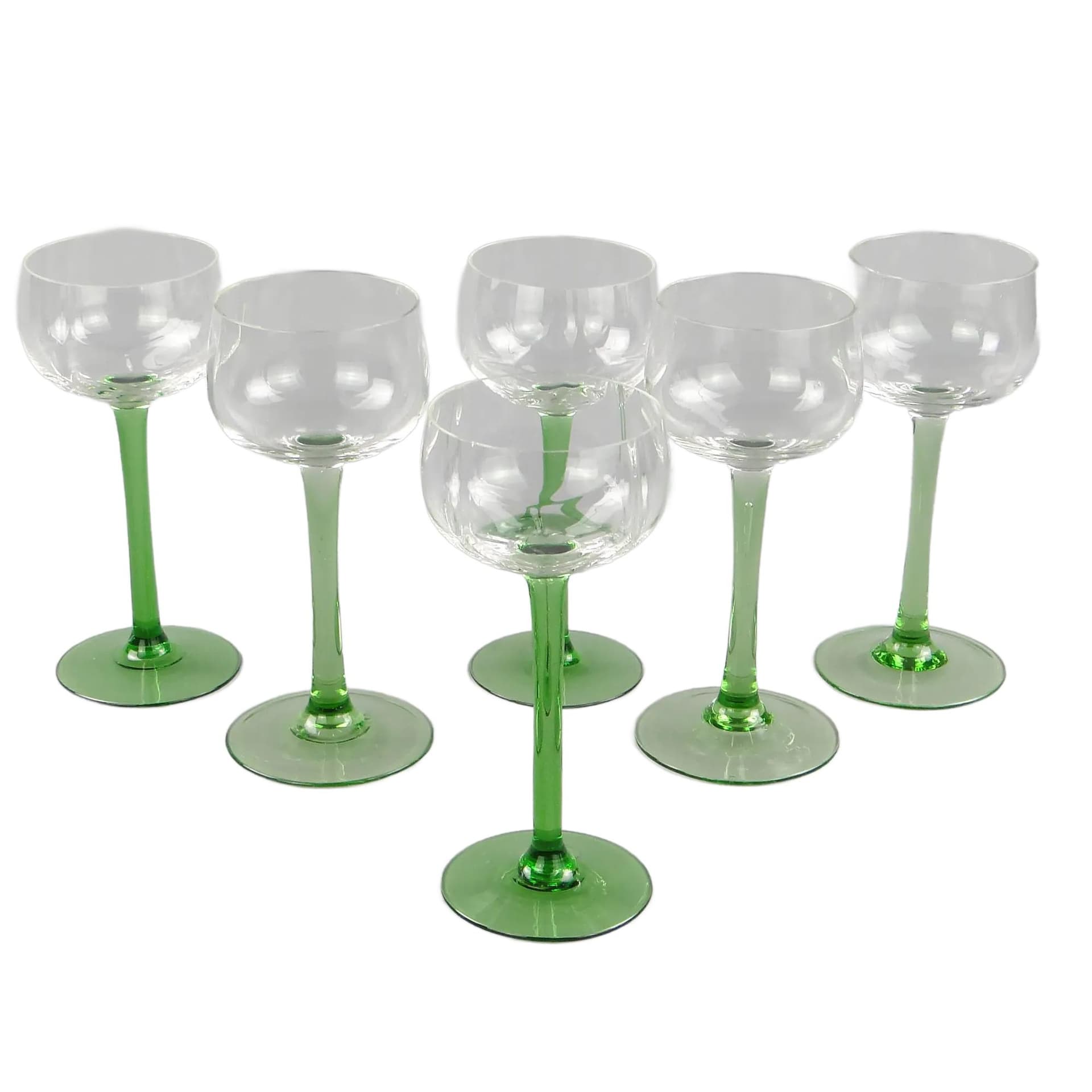 Komplet kielichów do wina, zielony bezbarwny, szkło, Włochy, lata 50.