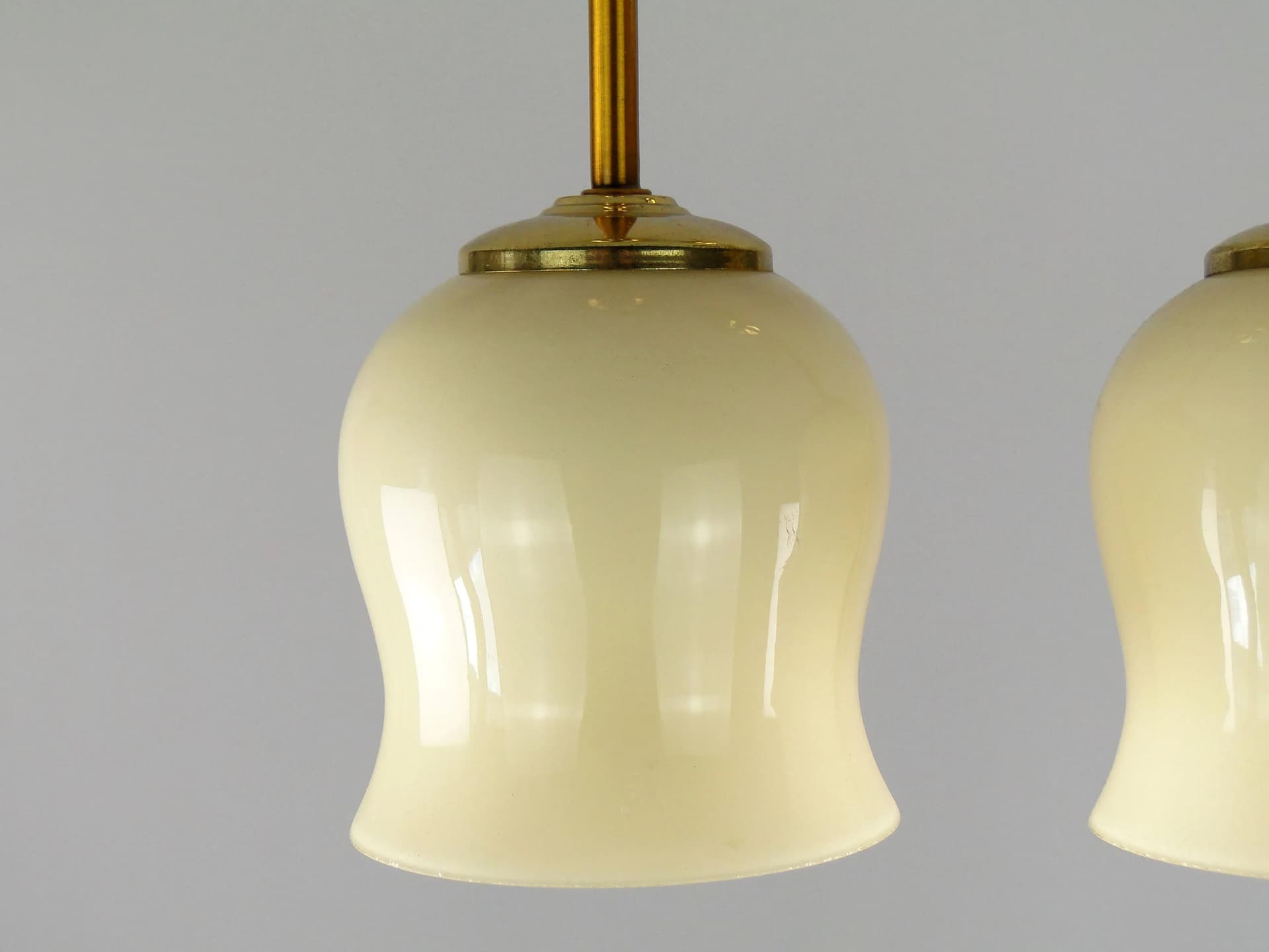 Pair of ceiling lamps, ecru glass, brass, Poland, 1950s - 162552