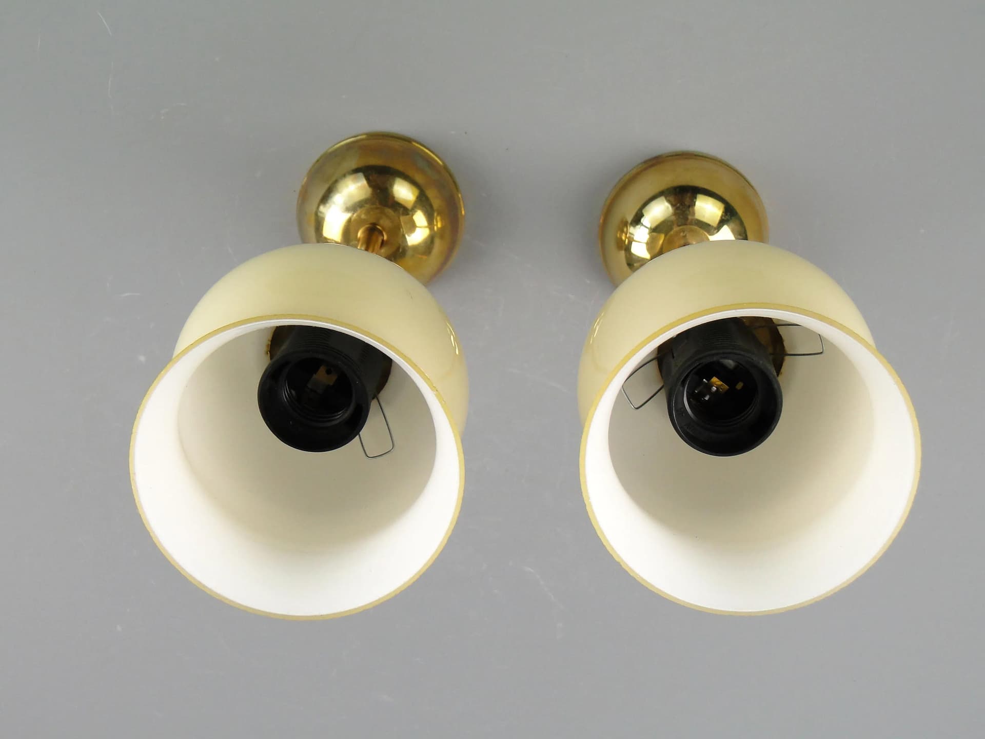 Pair of ceiling lamps, ecru glass, brass, Poland, 1950s - 162555