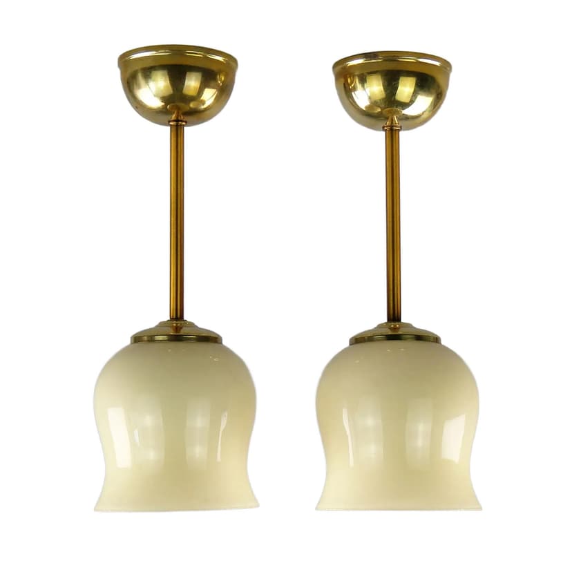 Pair of ceiling lamps, ecru glass, brass, Poland, 1950s