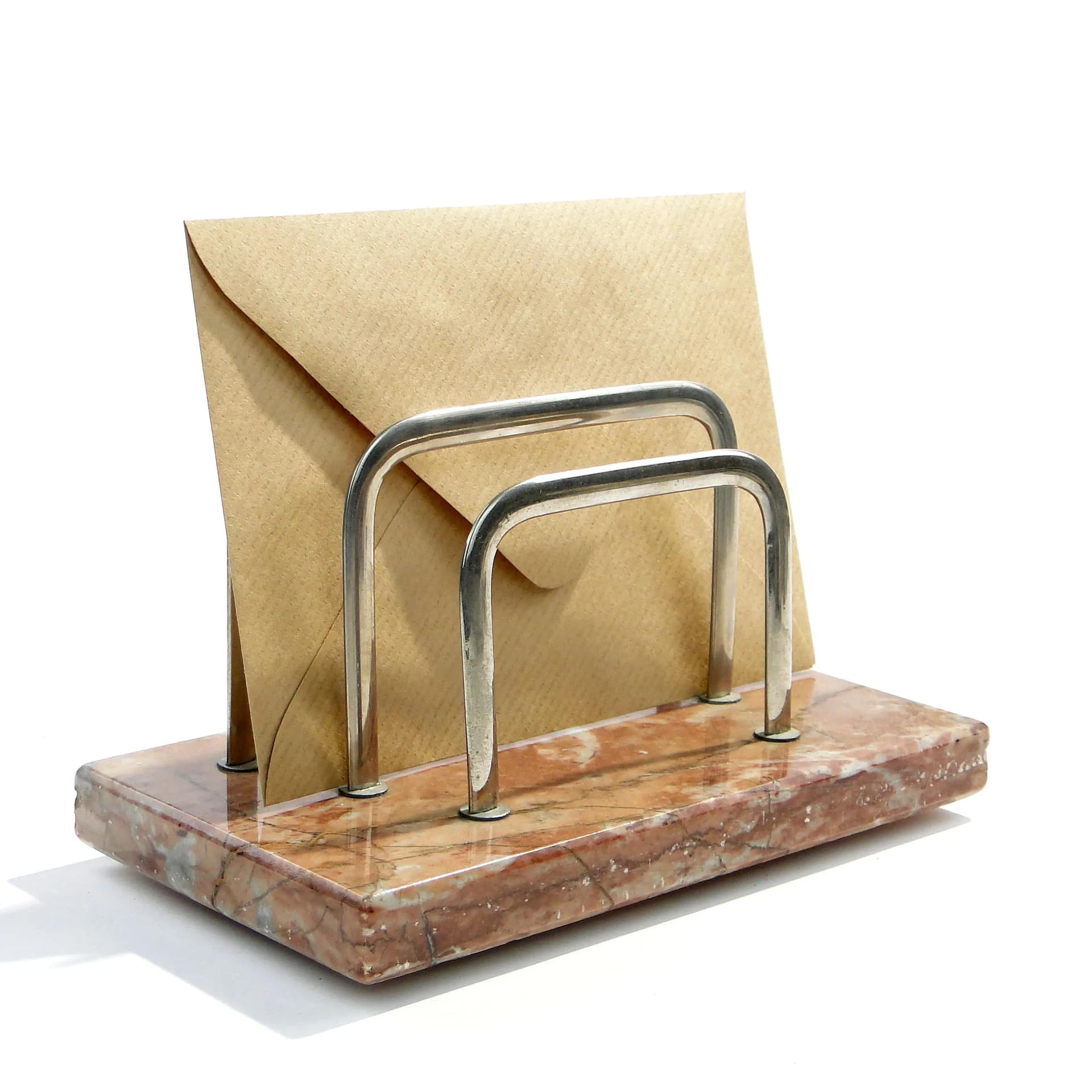 Letter Holder Art Deco, brown beige onyx, chromed brass, Poland, 1920s - 162534