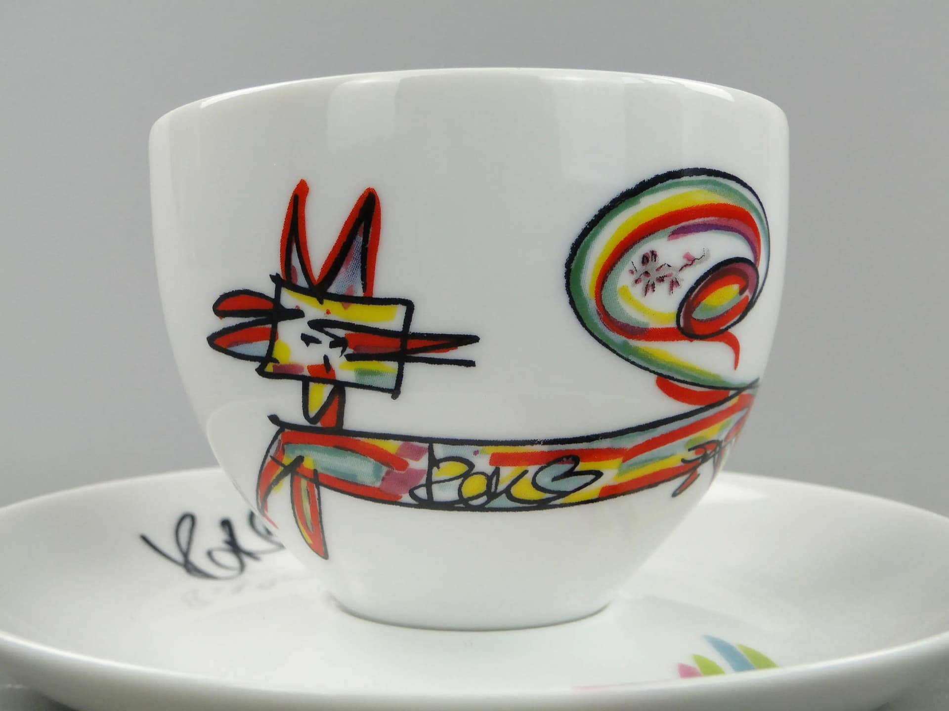 Filiżanka do kawy Kot i mysz, porcelana multikolor, proj. Kora, Ćmielów, Polska, lata 80. - 162516