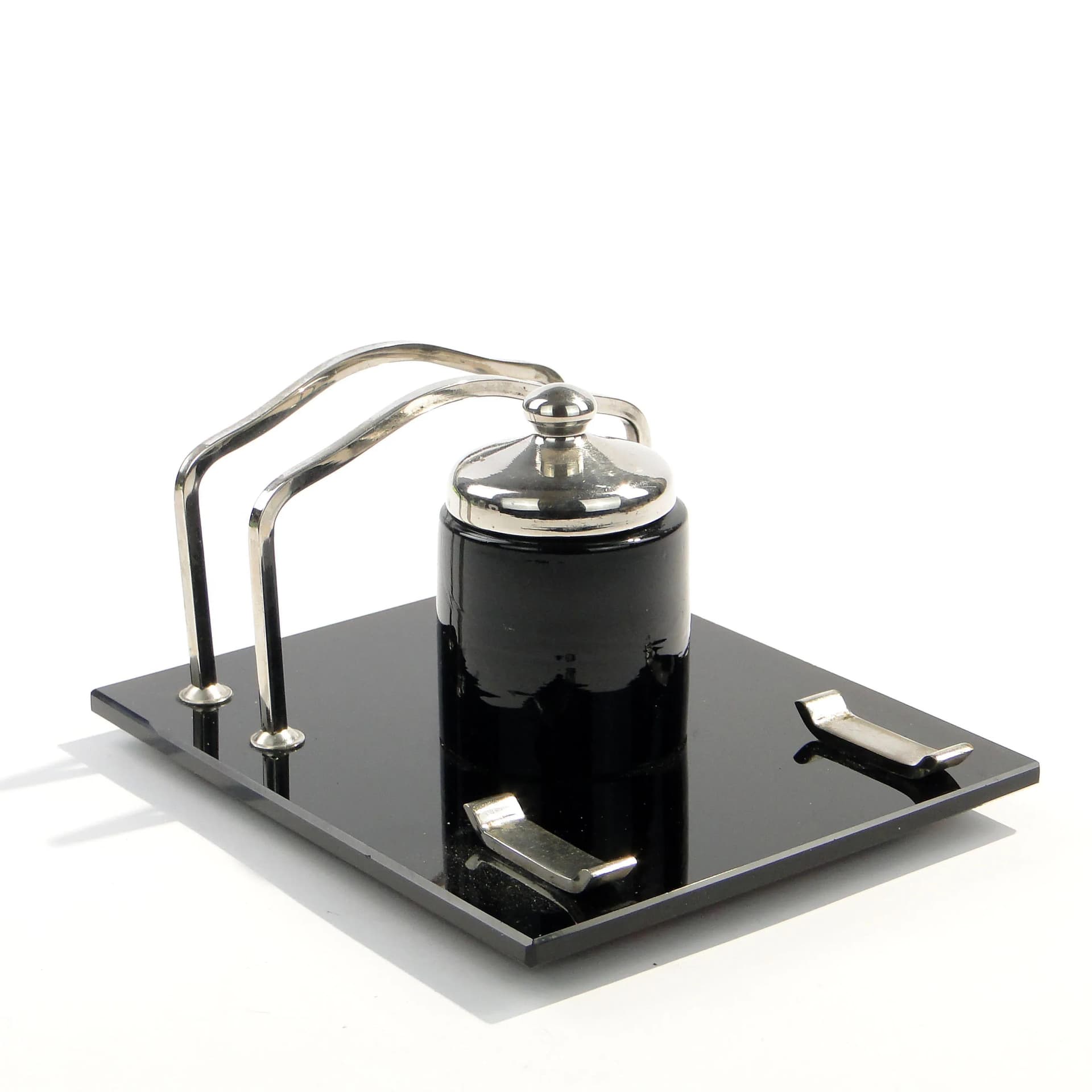 Kałamarz z listownikiem Art Deco, szkło czarne, Polska, lata 30. - 162476