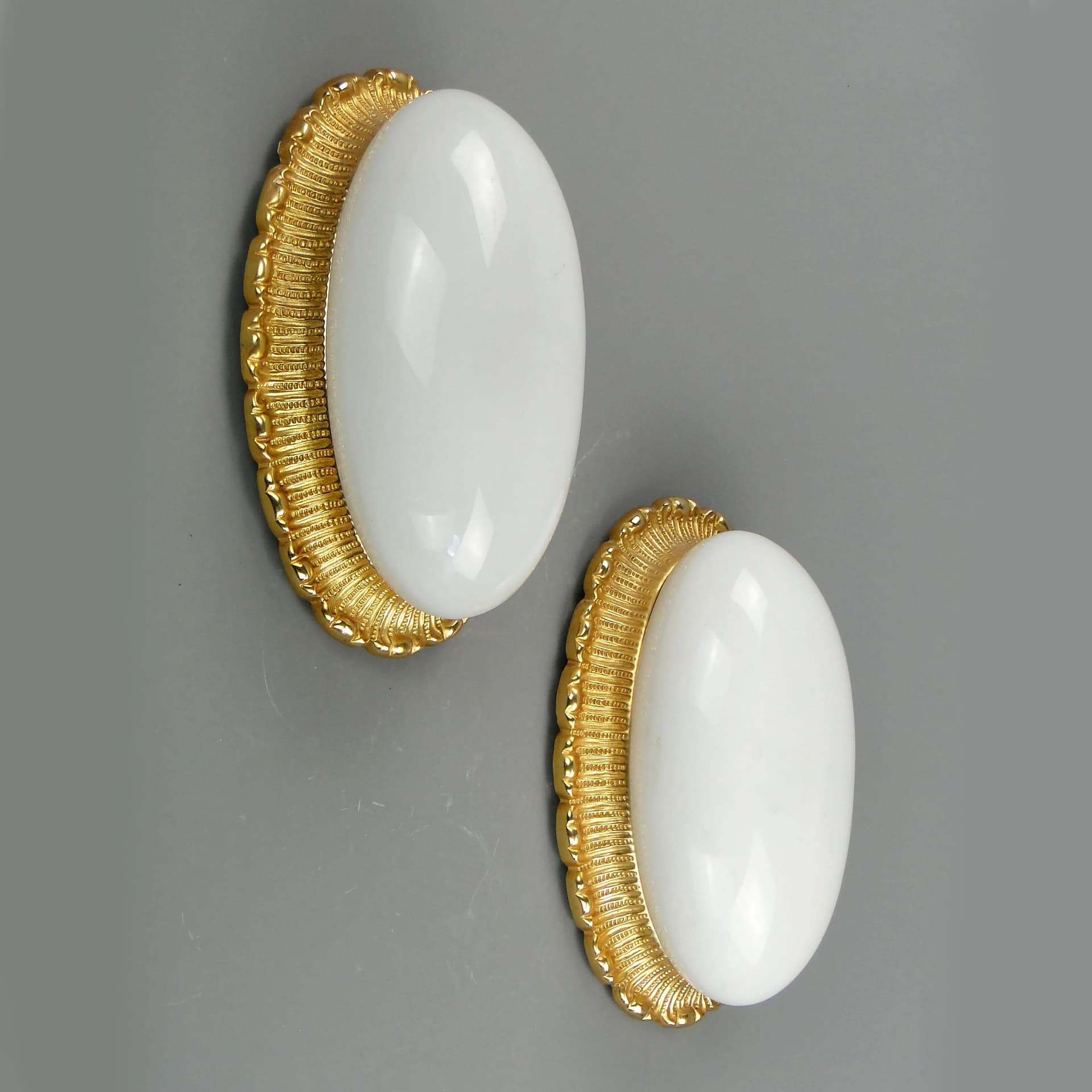 Pair of ceiling lights, white glass, gilded brass, Limburg, Germany, 1960s. - 162424