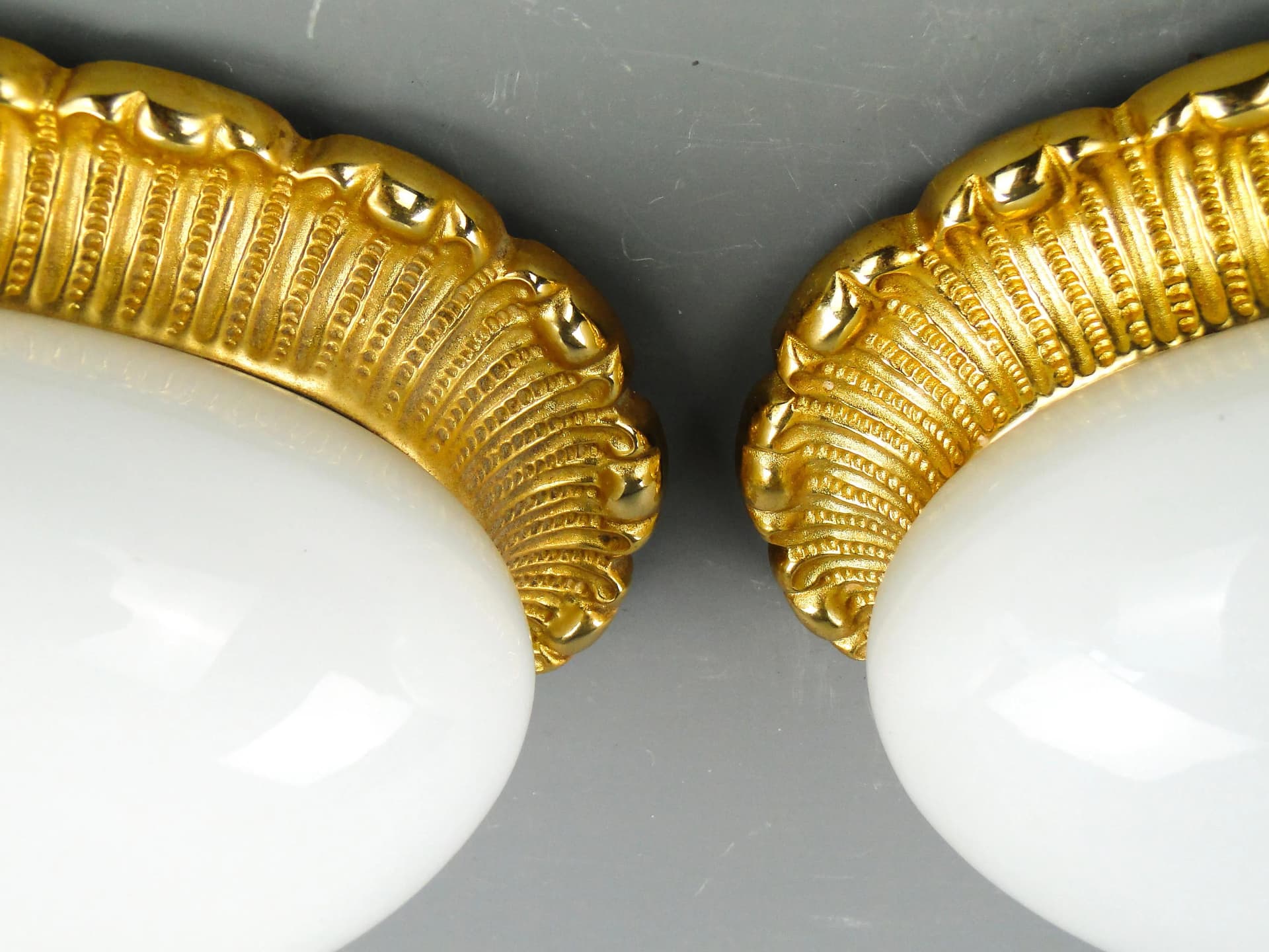 Pair of ceiling lights, white glass, gilded brass, Limburg, Germany, 1960s. - 162426