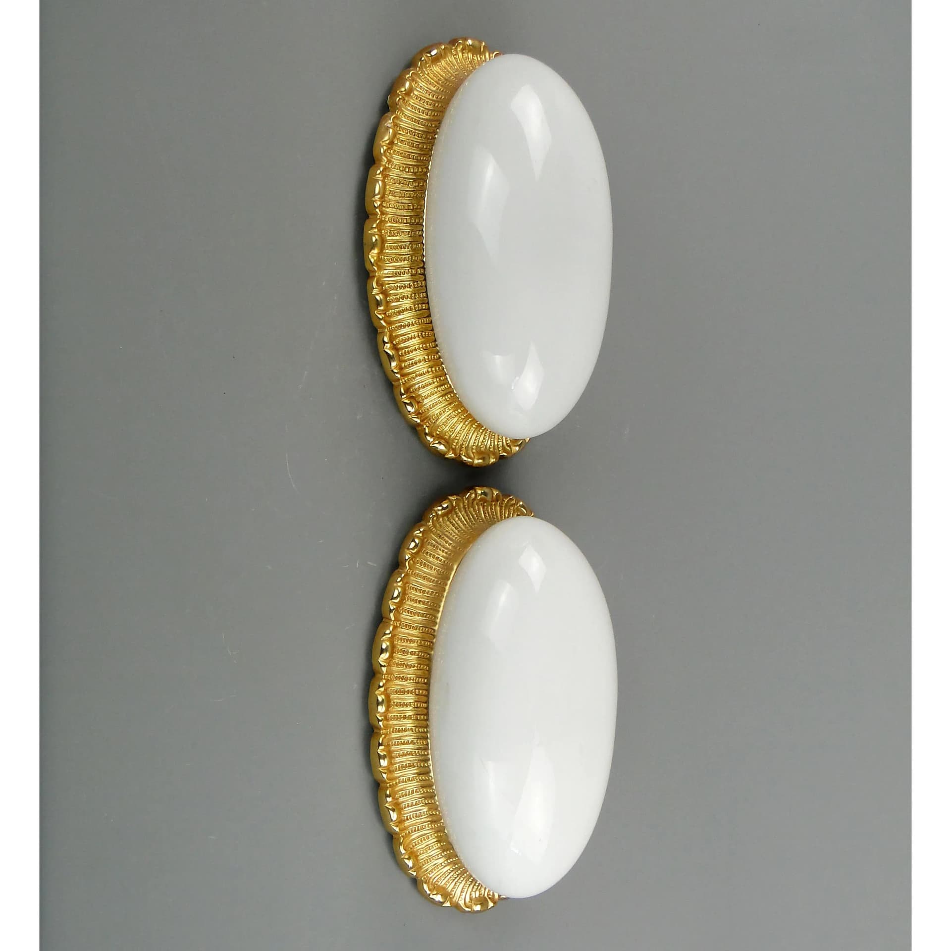 Pair of ceiling lights, white glass, gilded brass, Limburg, Germany, 1960s. - 162425