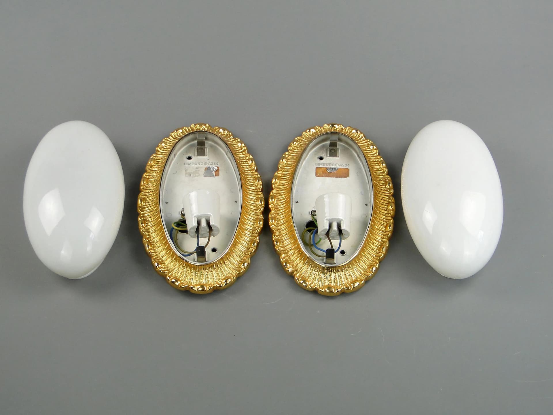 Pair of ceiling lights, white glass, gilded brass, Limburg, Germany, 1960s. - 162421