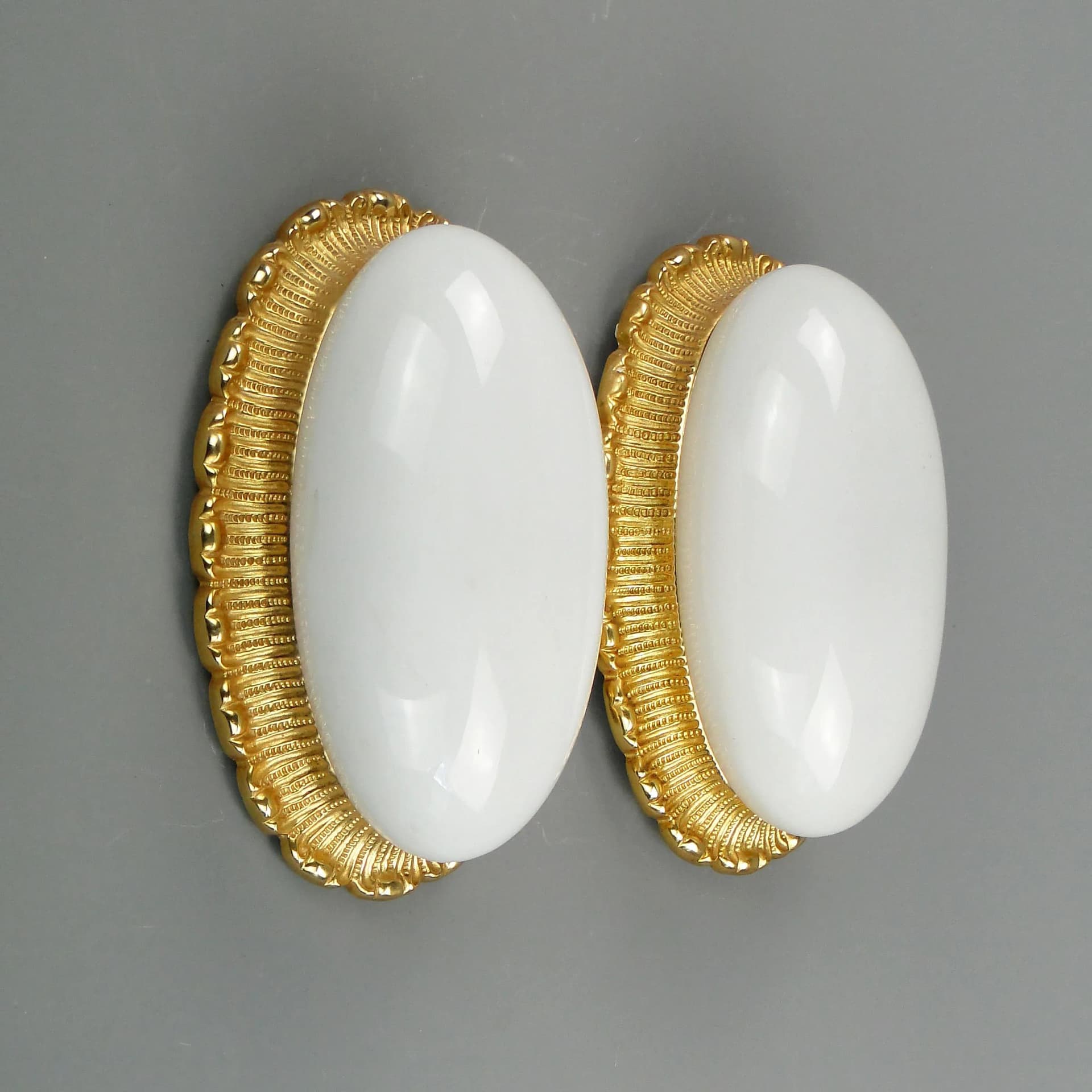 Pair of ceiling lights, white glass, gilded brass, Limburg, Germany, 1960s. - 162428