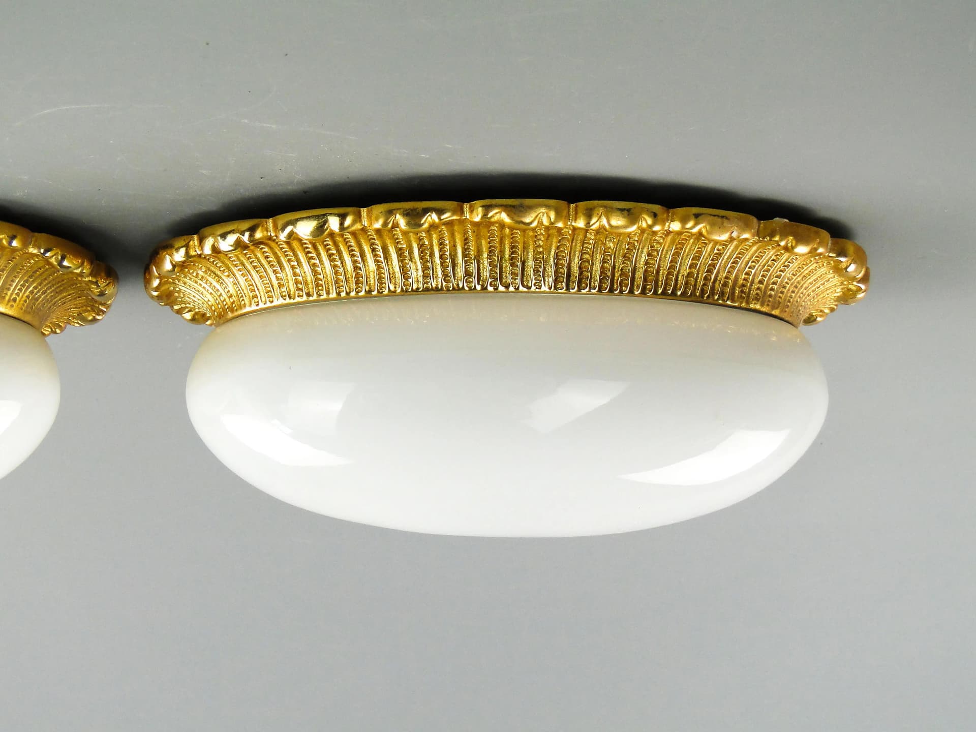 Pair of ceiling lights, white glass, gilded brass, Limburg, Germany, 1960s. - 162427