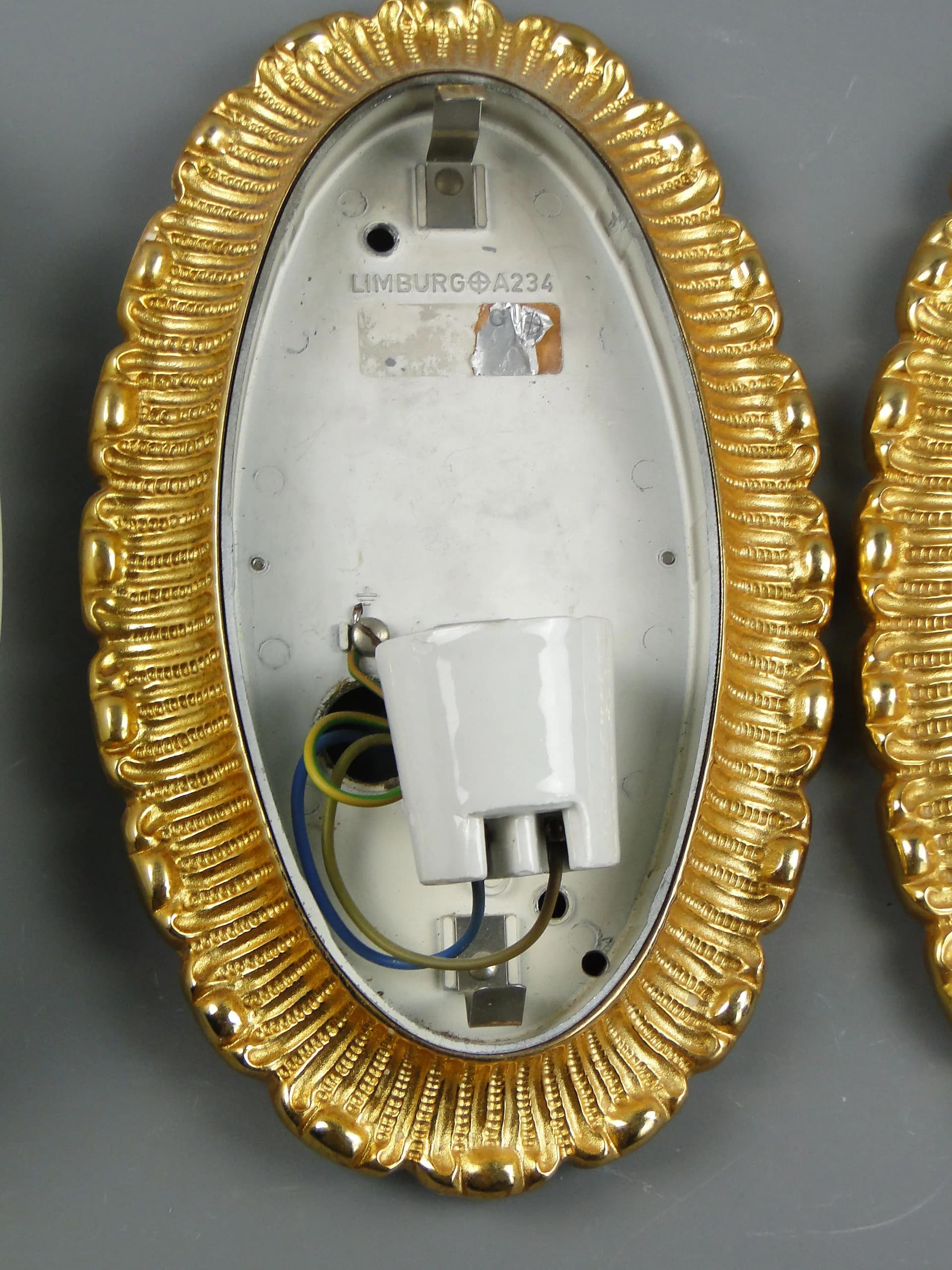 Pair of ceiling lights, white glass, gilded brass, Limburg, Germany, 1960s. - 162422