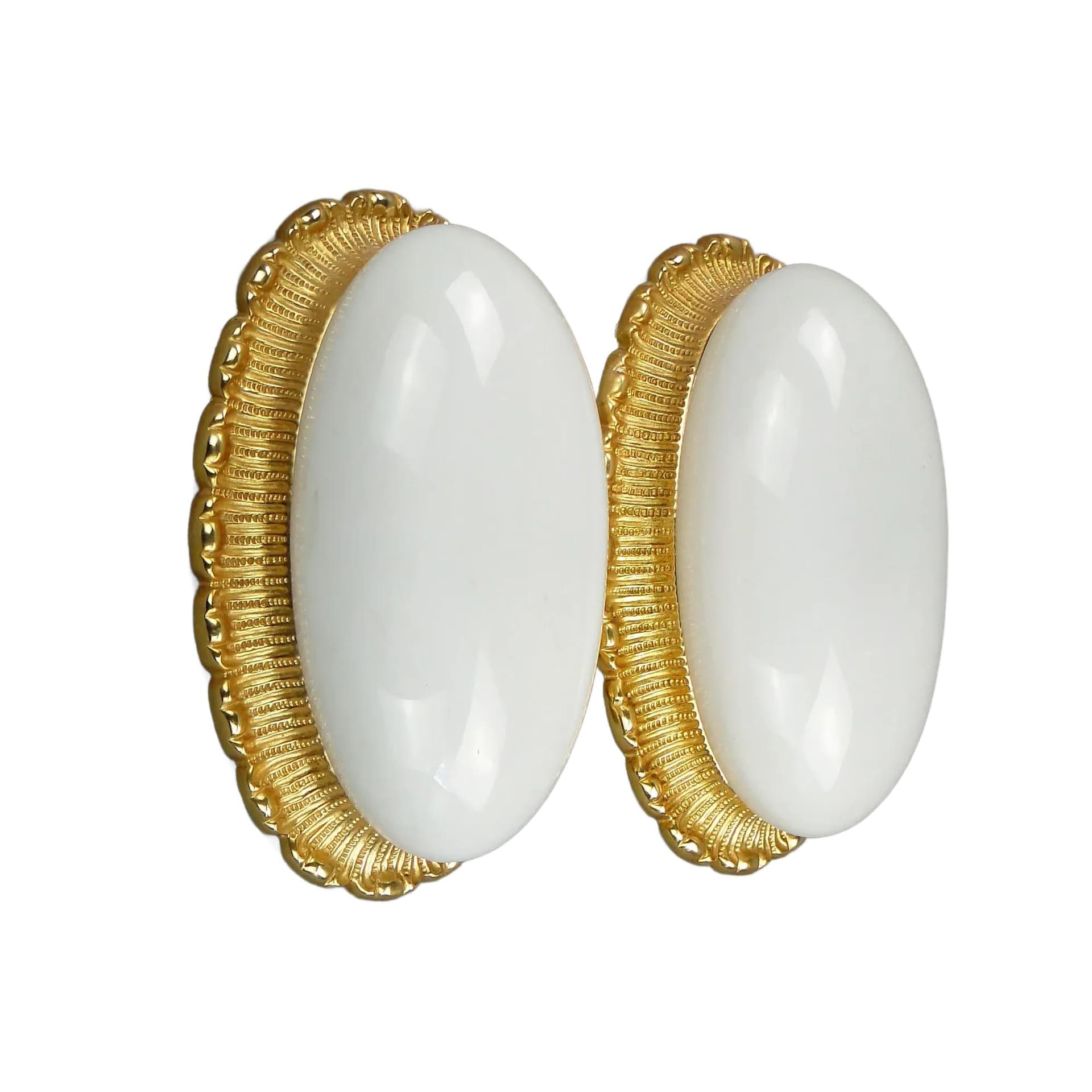 Pair of ceiling lights, white glass, gilded brass, Limburg, Germany, 1960s.