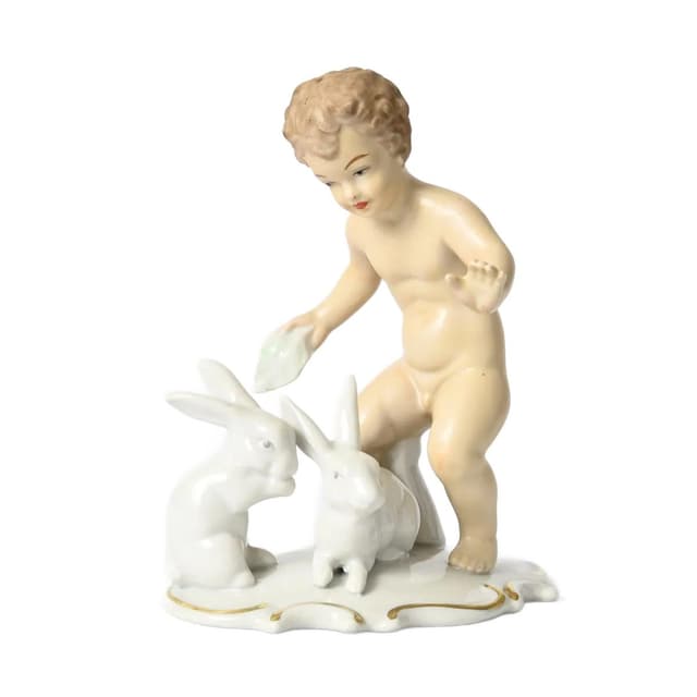 Figurine Putto with Rabbits, white porcelain, Wallendorf, Germany, 1960s. - DIMENSION