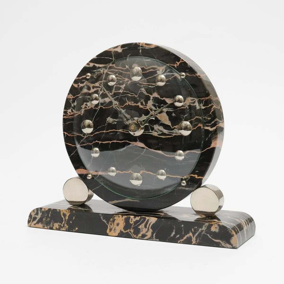 Mantel Clock Art Deco, black beige marble, nickel-plated brass, France, 1930s. - 164313