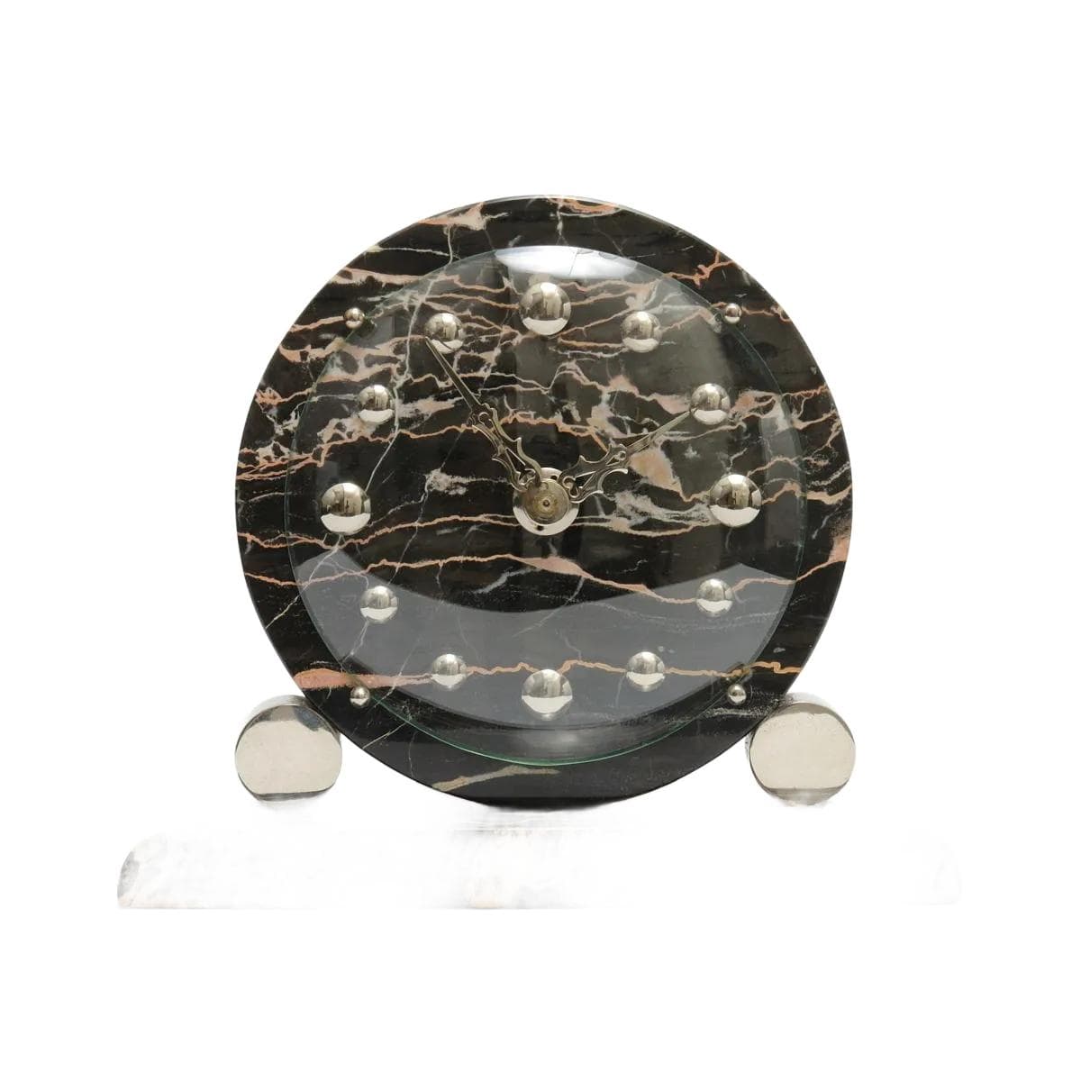 Mantel Clock Art Deco, black beige marble, nickel-plated brass, France, 1930s.