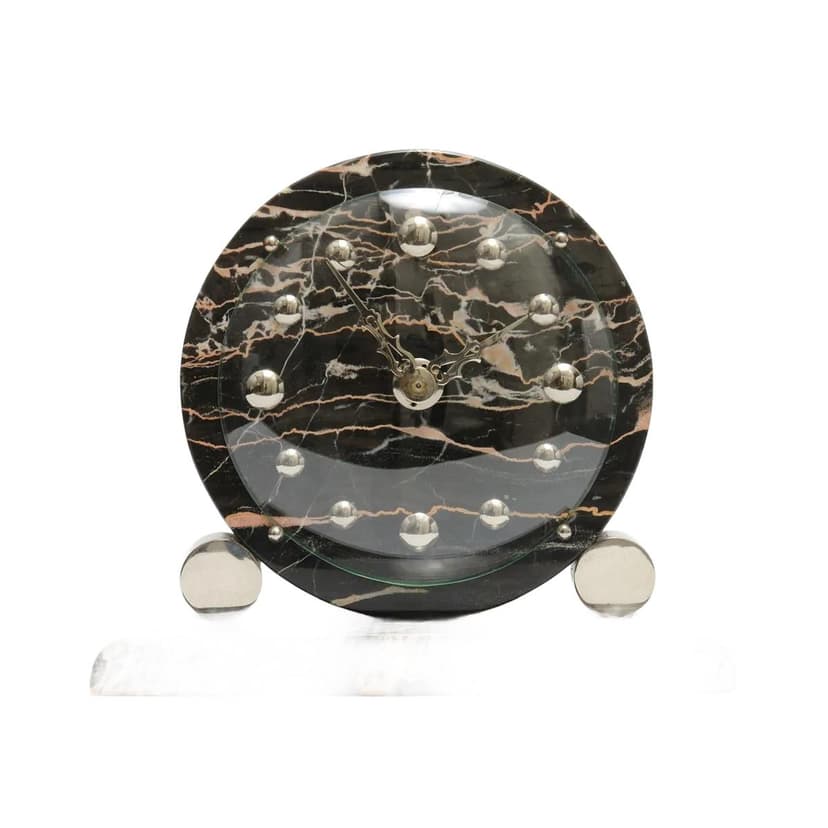 Mantel Clock Art Deco, black beige marble, nickel-plated brass, France, 1930s.
